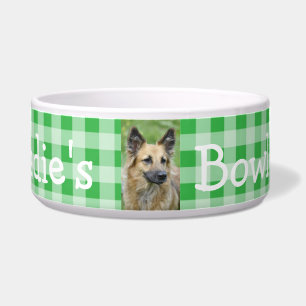 Personalised Photo and Name Dog Bowl Green Gingham