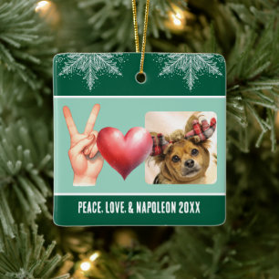 Personalised Photo and Name Peace Love Snowflake Ceramic Ornament