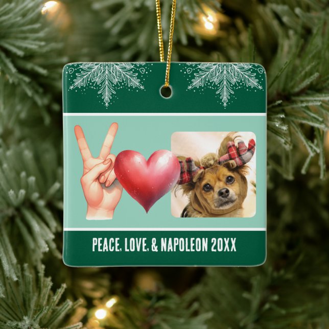 Personalised Photo and Name Peace Love Snowflake Ceramic Ornament (Tree)