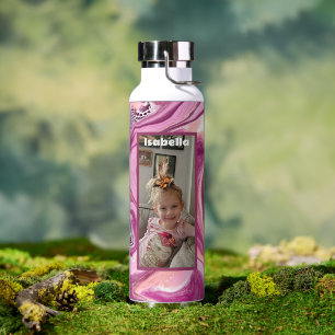 Personalised Photo and Name  Pink and Magenta Water Bottle