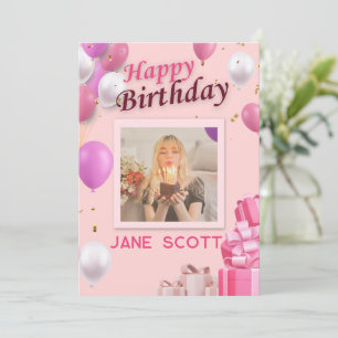 Personalised Photo and Name Pink Balloon Birthday Thank You Card