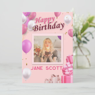 Personalised Photo and Name Pink Balloon Birthday Thank You Card