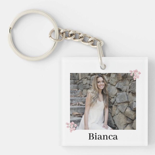 Personalised Photo and Name Pink Floral Key Ring (Front)