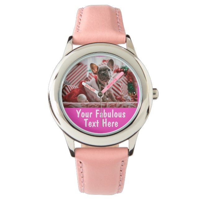 Personalised Photo and Text Girly Pink Hearts Cute Watch (Front)