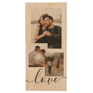 Personalised Photo and Text Photo Collage  Wood USB Flash Drive