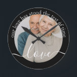 Personalised Photo and Text Photo Round Clock<br><div class="desc">Make a Personalised Photo wall clock from Ricaso - add your own photo and text - photo keepsake gifts - Our love has stood the test of time - perfect anniversary gift idea</div>
