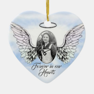 Personalised Photo Angel Wings and Heart Memorial Ceramic Tree Decoration