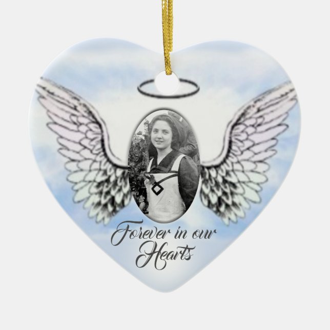Personalised Photo Angel Wings and Heart Memorial Ceramic Tree Decoration (Front)