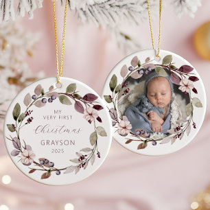 Personalised Photo Baby 1st Christmas Purple Ceramic Tree Decoration