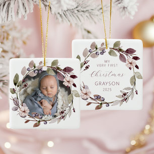 Personalised Photo Baby First Christmas Purple Ceramic Ornament
