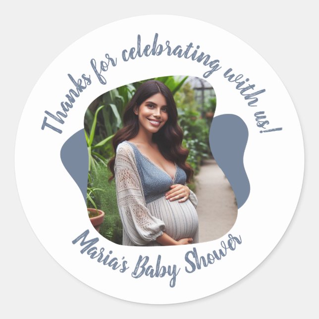 Personalised Photo Baby Shower Thanks Script  Classic Round Sticker (Front)