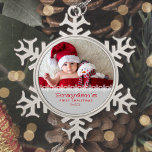 Personalised Photo Baby's First Christmas Grey Red Snowflake Pewter Christmas Ornament<br><div class="desc">Celebrate your baby's first Christmas with this cute ornament,  featuring a row of white snowflakes and red text on a grey background. Personalise it with baby's photo,  along with name and birth year in a playful red font. Also available in other colour combinations.</div>