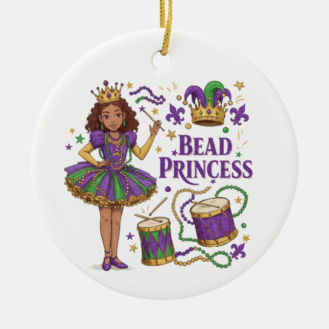 Personalised Photo Bead Princess - Mardi Gras Ceramic Tree Decoration (Front)