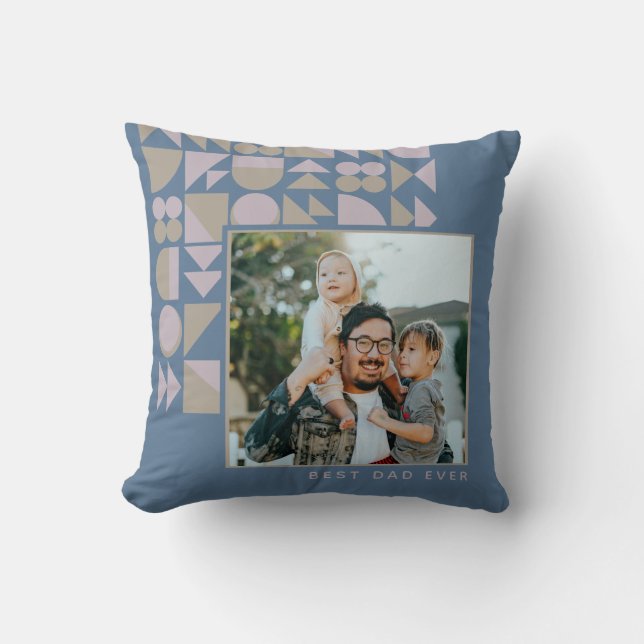 Personalised Photo Best Dad Ever Blue Geometric Cushion (Front)