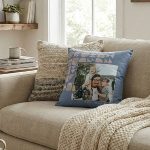 Personalised Photo Best Dad Ever Blue Geometric Cushion
