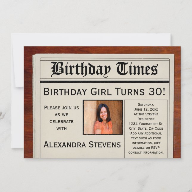 Personalised Photo Birthday Party Newspaper Invitation (Front)