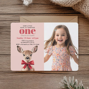Personalised Photo Birthday   Pink & Red Deer  Invitation