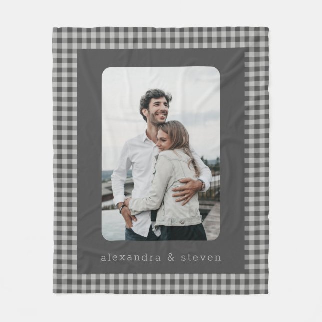 Personalised Photo Black and Grey Gingham Plaid  Fleece Blanket (Front)