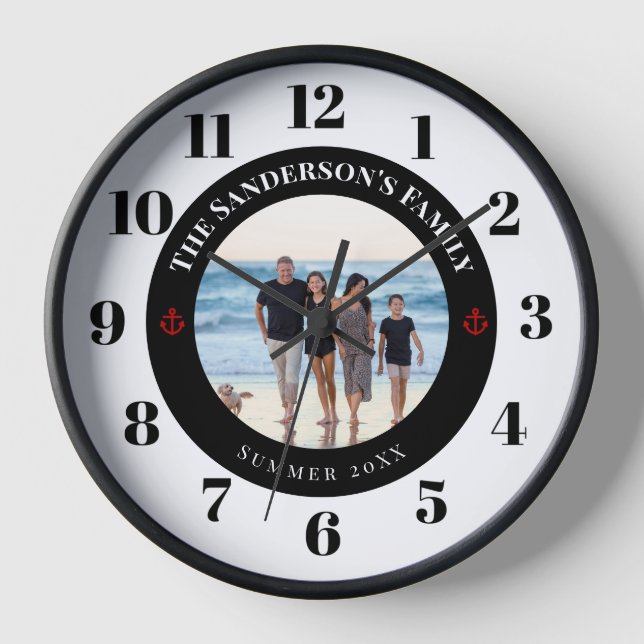 Personalised Photo Black Circle with Red Anchor Clock (Front)