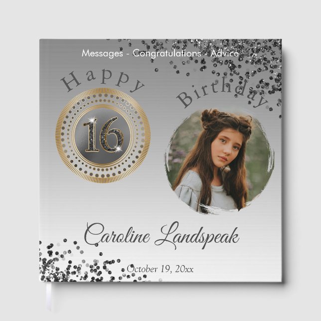 Personalised Photo Black Glitter Sweet 16 Birthday Guest Book (Front)