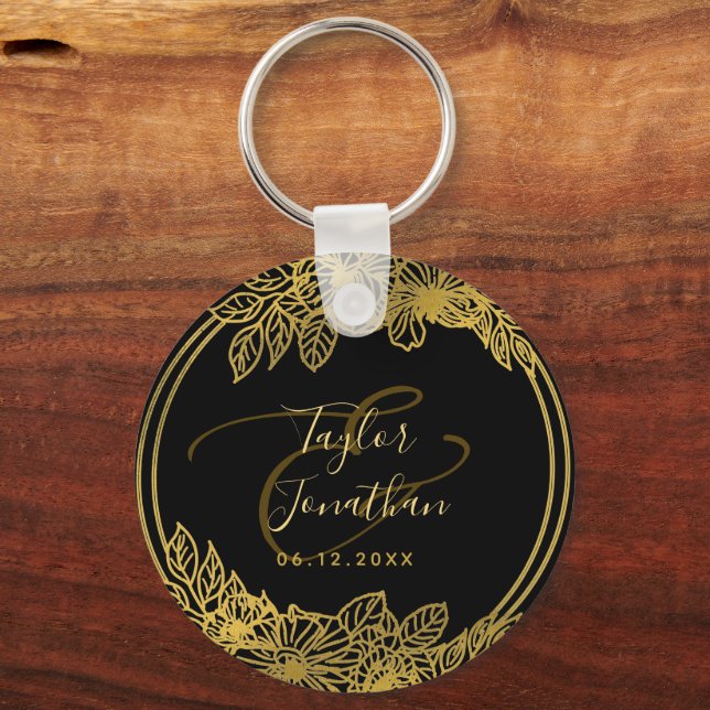 Personalised Photo Black Gold Flowers Chic Wedding Key Ring (Front)