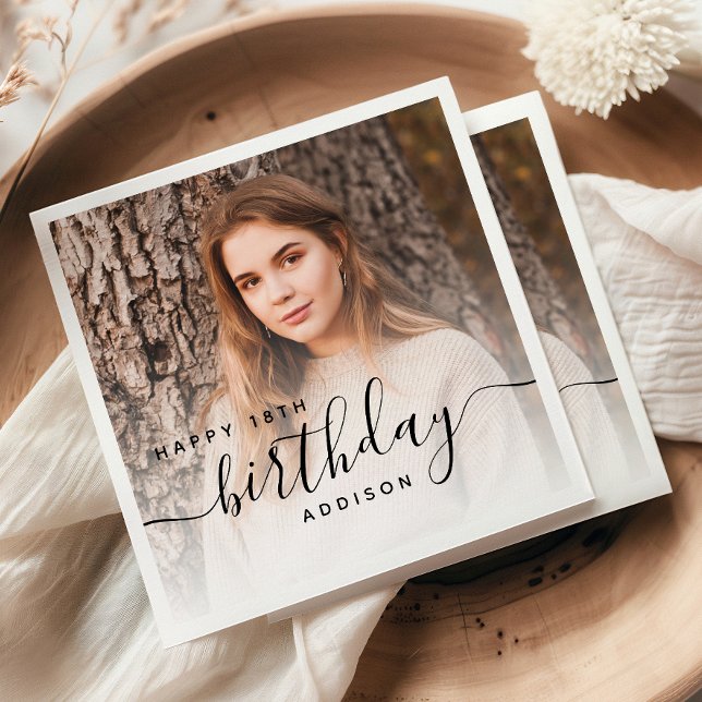 Personalised Photo Black Script 18th Birthday Napkin (Creator Uploaded)