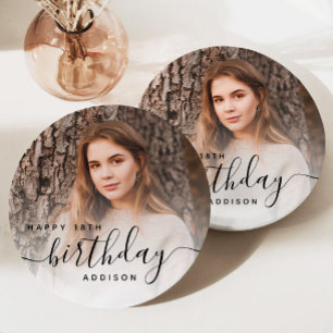 Personalised Photo Black Script 18th Birthday Paper Plate