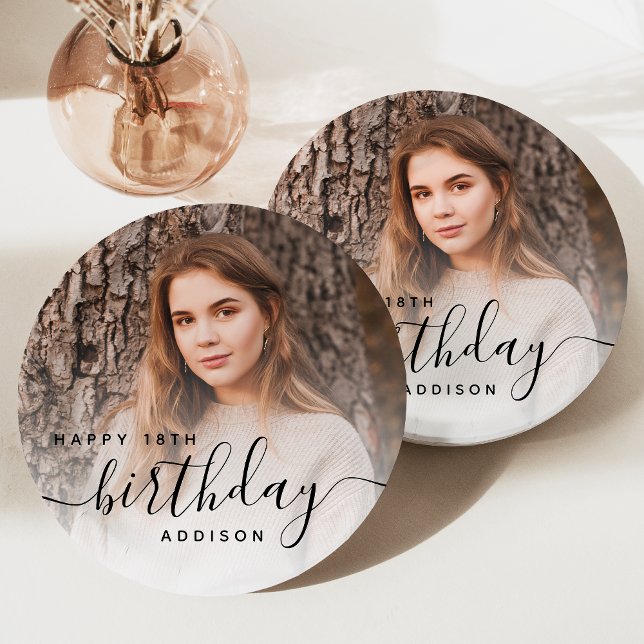 Personalised Photo Black Script 18th Birthday Paper Plate (Creator Uploaded)