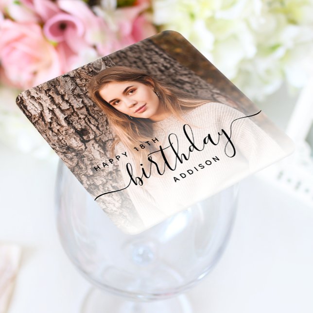 Personalised Photo Black Script 18th Birthday Square Paper Coaster (Creator Uploaded)