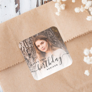 Personalised Photo Black Script 18th Birthday Square Sticker