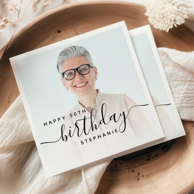 Personalised Photo Black Script 50th Birthday Napkin (Creator Uploaded)