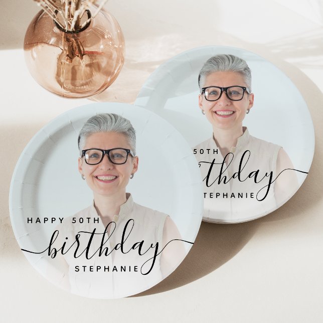 Personalised Photo Black Script 50th Birthday Paper Plate (Creator Uploaded)