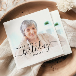 Personalised Photo Black Script 70th Birthday Napkin