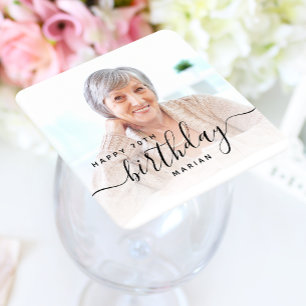 Personalised Photo Black Script 70th Birthday Square Paper Coaster