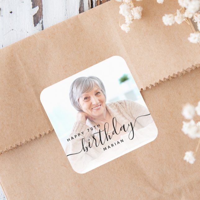 Personalised Photo Black Script 70th Birthday Square Sticker (Creator Uploaded)