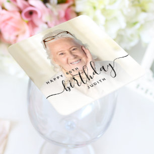 Personalised Photo Black Script 80th Birthday Square Paper Coaster