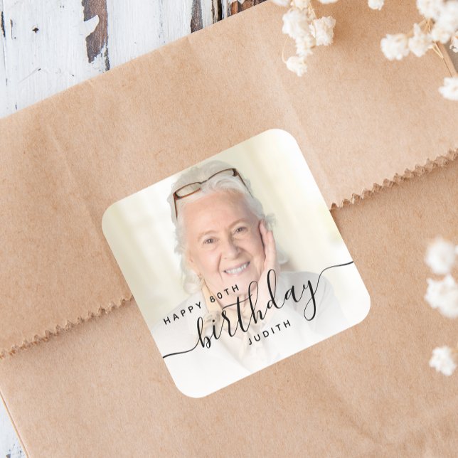 Personalised Photo Black Script 80th Birthday Square Sticker (Creator Uploaded)