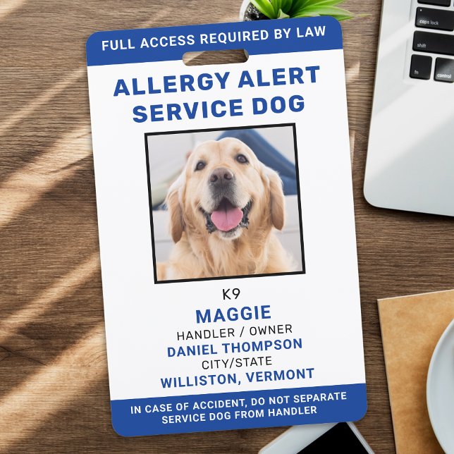 Personalised  Photo Blue Allergy Alert Service Dog ID Badge (Creator Uploaded)