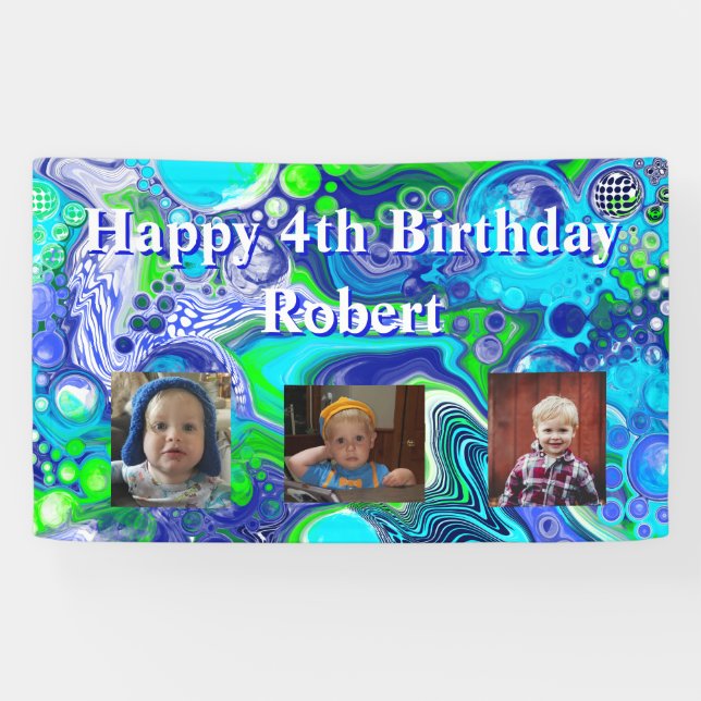 Personalised Photo Blue and Green Birthday Banner (Horizontal)