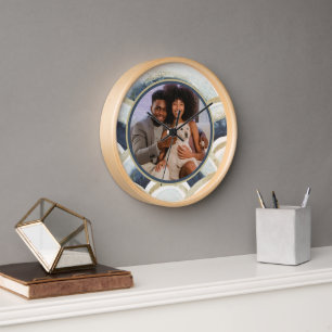 Personalised Photo Blue Watercolor Pattern Clock