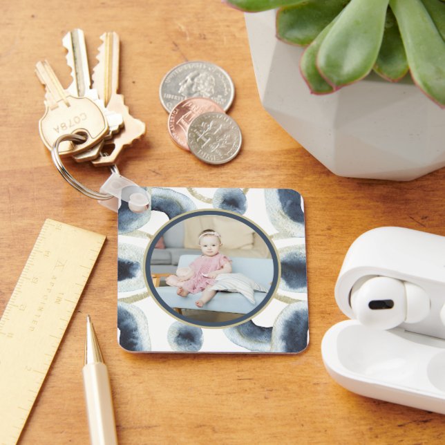 Personalised Photo Blue Watercolor Pattern Key Ring (Desk)