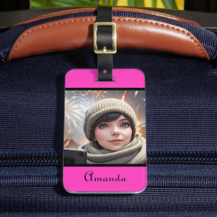 personalised photo bright neon pink luggage tag