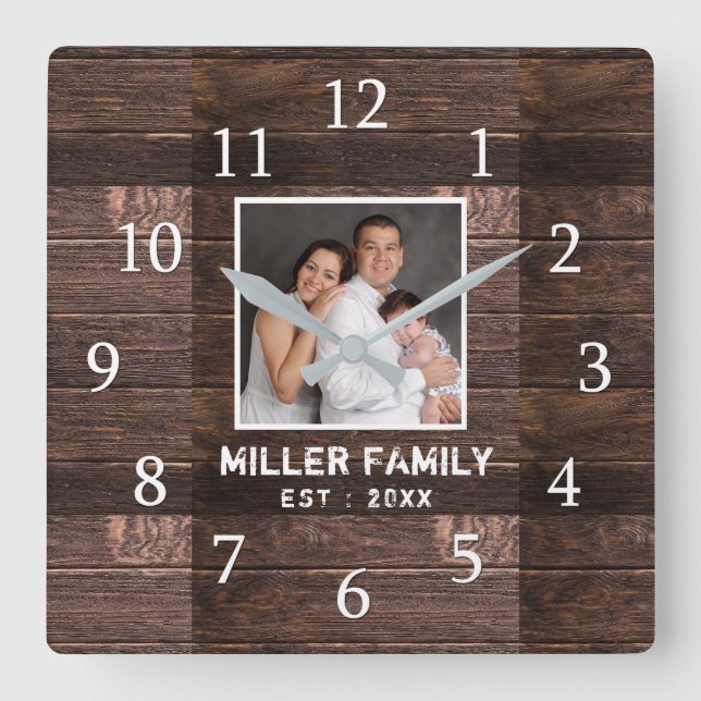  Personalised Photo Brown Wood Family Name  Square Wall Clock (Front)