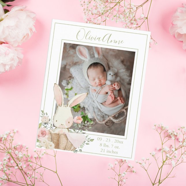 Personalised Photo Bunny Green Birth Announcement Postcard (Creator Uploaded)