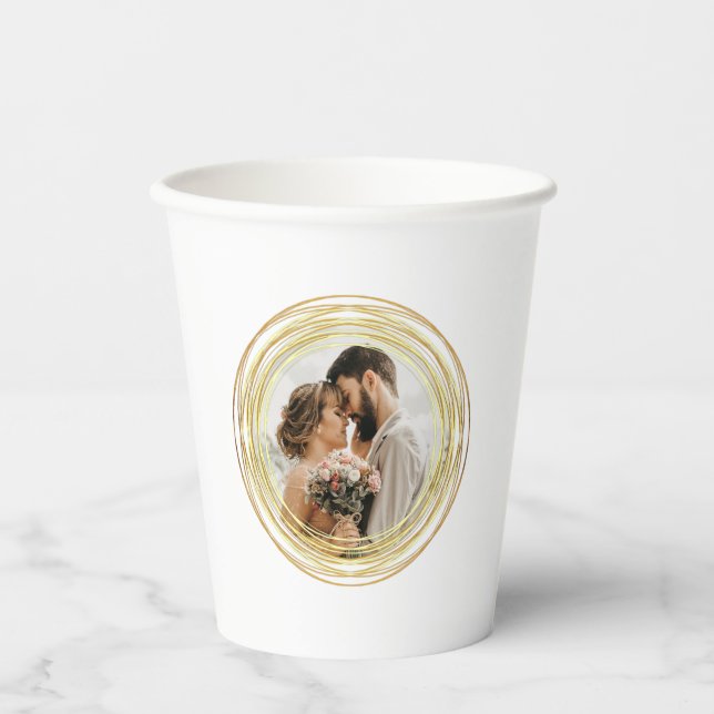 Personalised Photo Chic White Gold Wedding Minimal Paper Cups (Front)