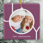 Personalised Photo Christmas Holiday Purple Ceramic Ornament<br><div class="desc">This modern Christmas Photo Ornament is decorated with the word JOY on a purple background.
Easily customisable with your photo and name.</div>