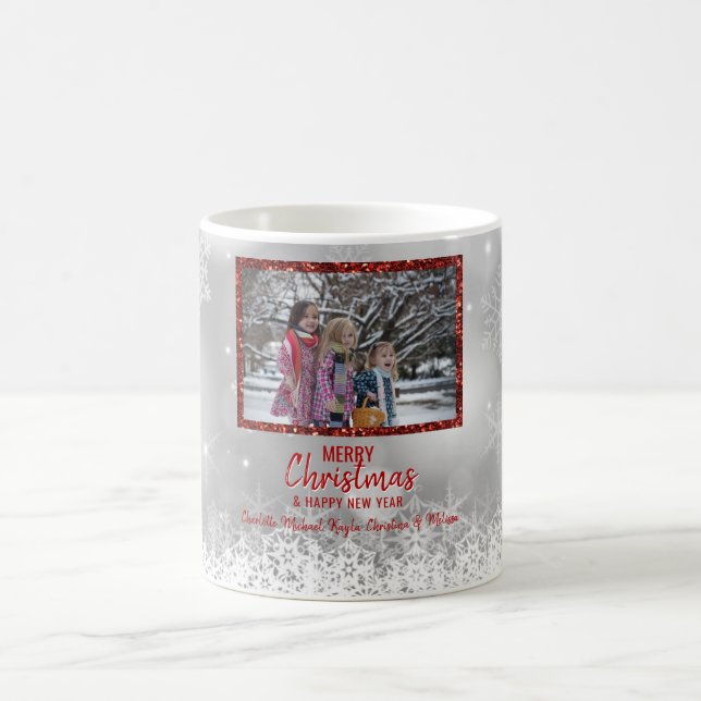 Personalised PHOTO Christmas Red Snow Snowflakes Coffee Mug (Center)