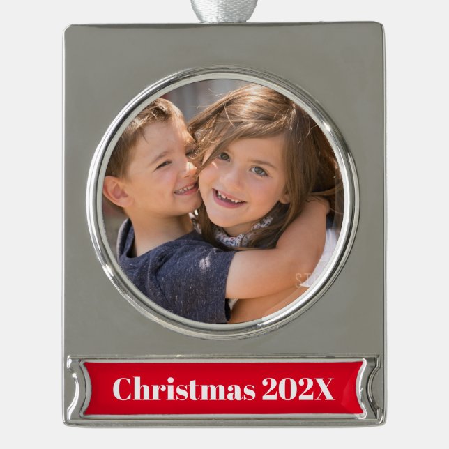 Personalised Photo Christmas Silver Plated Banner Ornament (Front)
