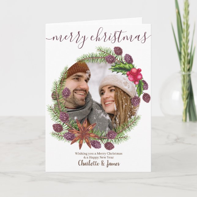 Personalised Photo Christmas Wreath and Holly Holiday Card (Front)