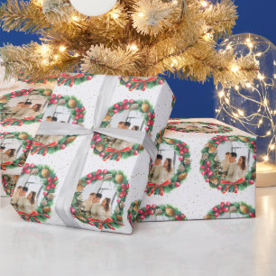 Personalised Photo Christmas Wreath Snow Wrapping Paper